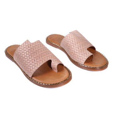 Flat slide sandals with an open toe and a loop around the great toe