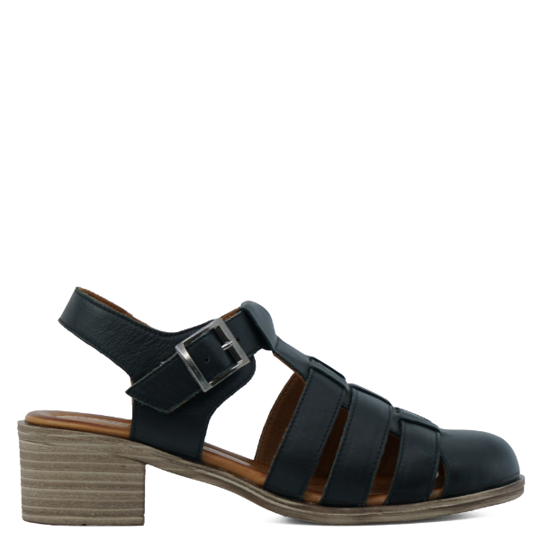 Black low stack heel fisherman sandal