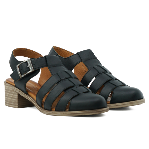 Black low stack heel fisherman sandal