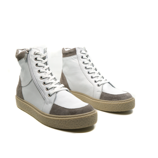 White & Grey Leather High Top Sneakers