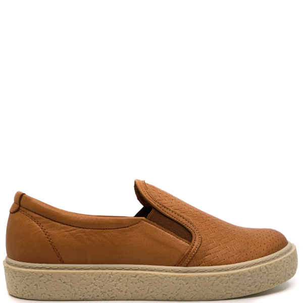 Woven tan slip-ons